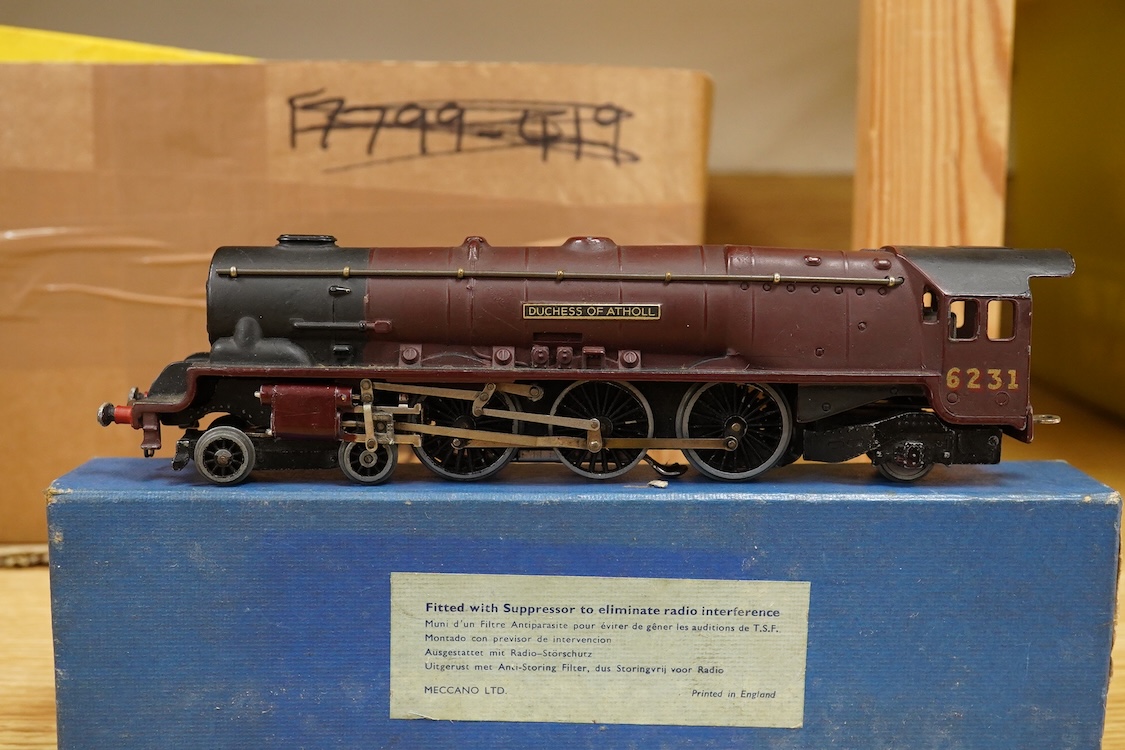 A collection of Hornby Dublo railway for 3-rail running, including two locomotives; an LMS Duchess of Athol 4-6-2, locomotive box, tender unboxed, and a boxed BR Standard Class 4 2-6-4T, 80054, together with five boxed b